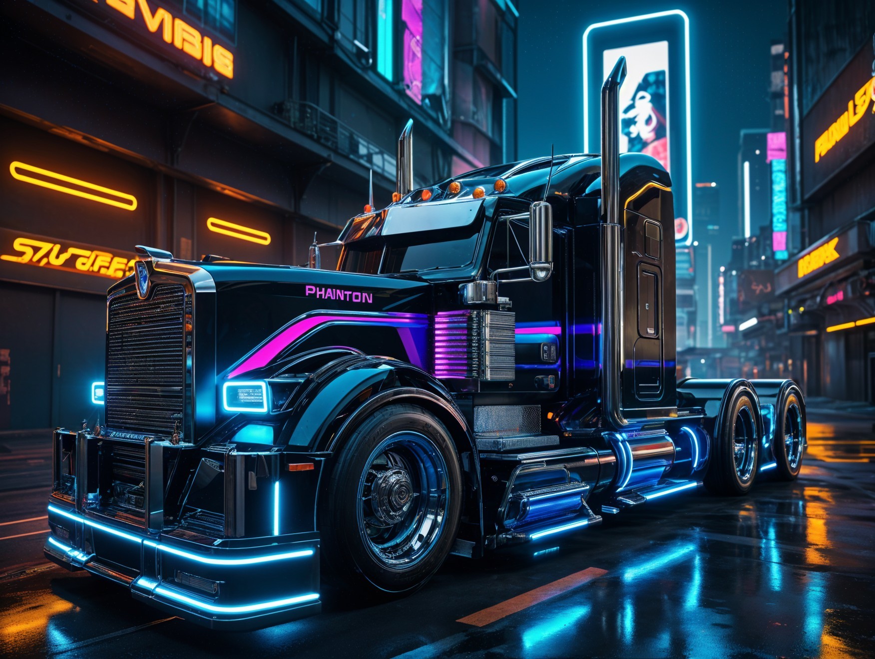 Futuristic truck in neon-lit urban environment