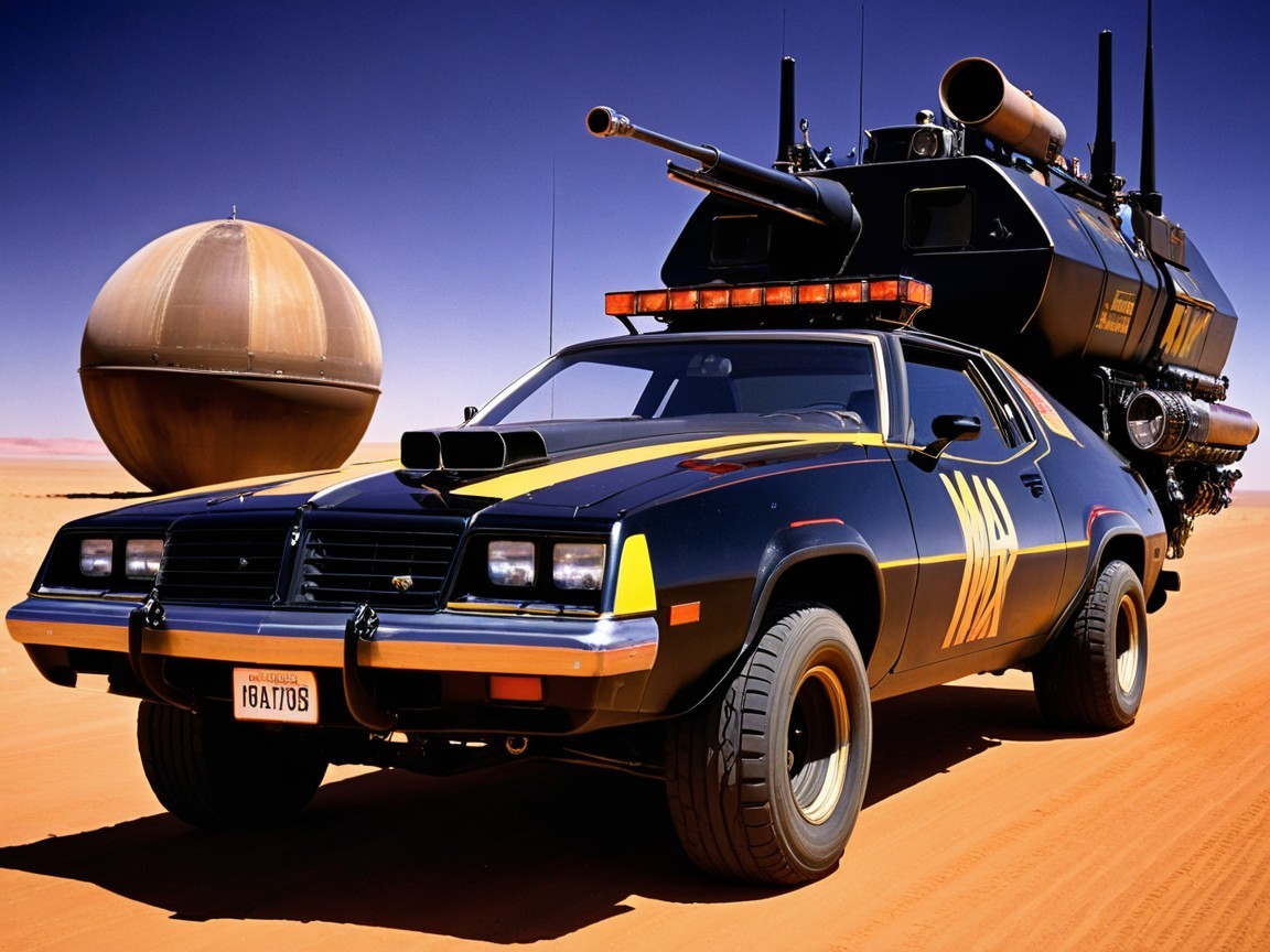 Muscle Car and Armored Vehicle in Desert Landscape