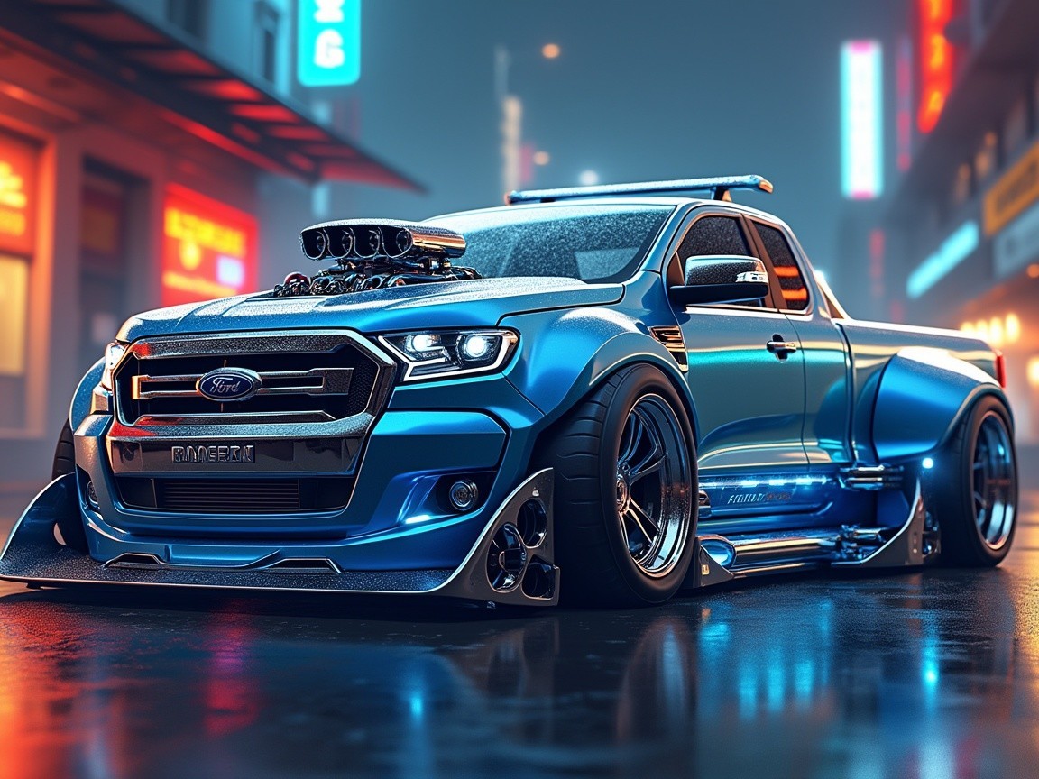 Modified Blue Pickup Truck in Neon Urban Setting