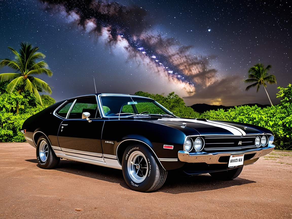 Classic Black Muscle Car on Scenic Dirt Road at Night