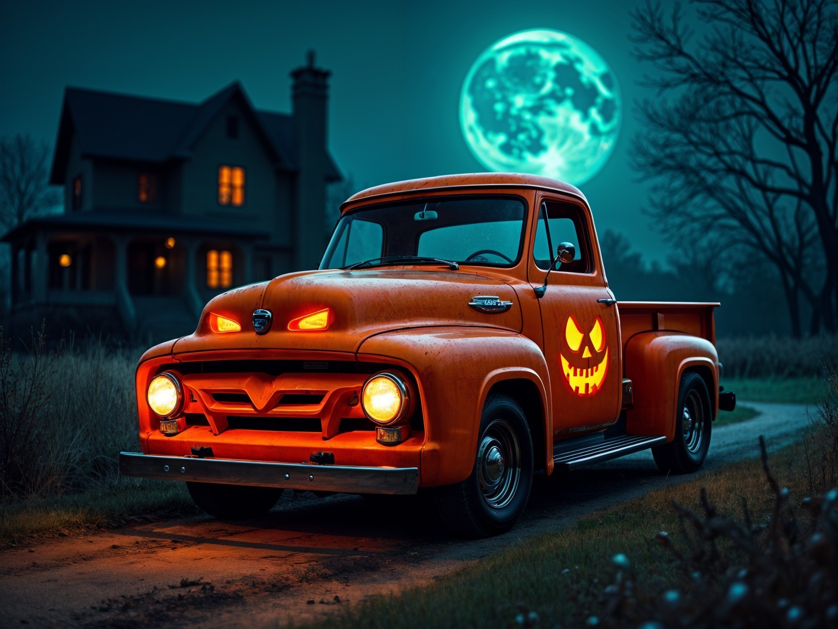 Vintage Orange Pickup Truck with Halloween Decorations