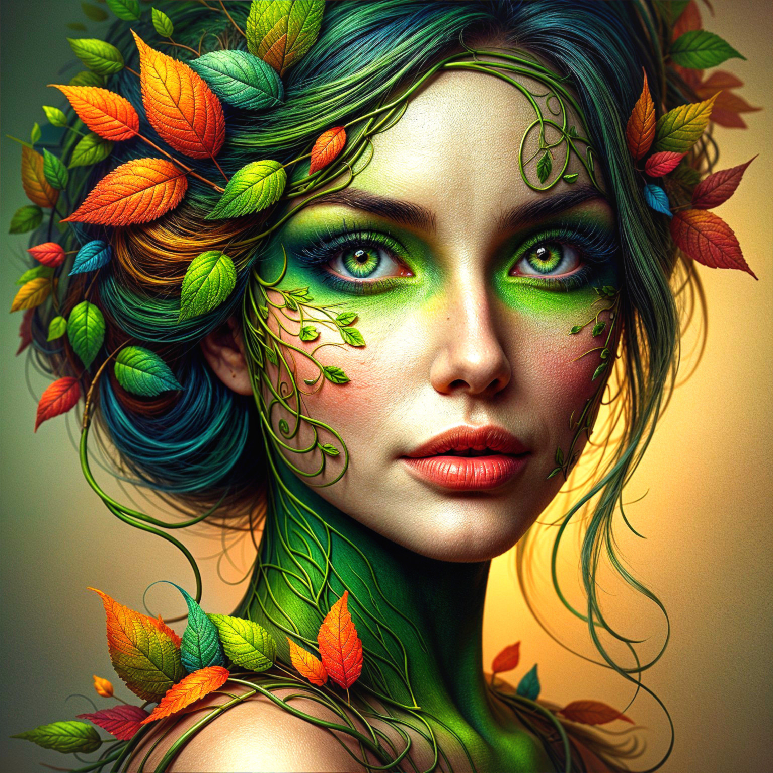 Portrait of a woman with green hues and leaf adornments