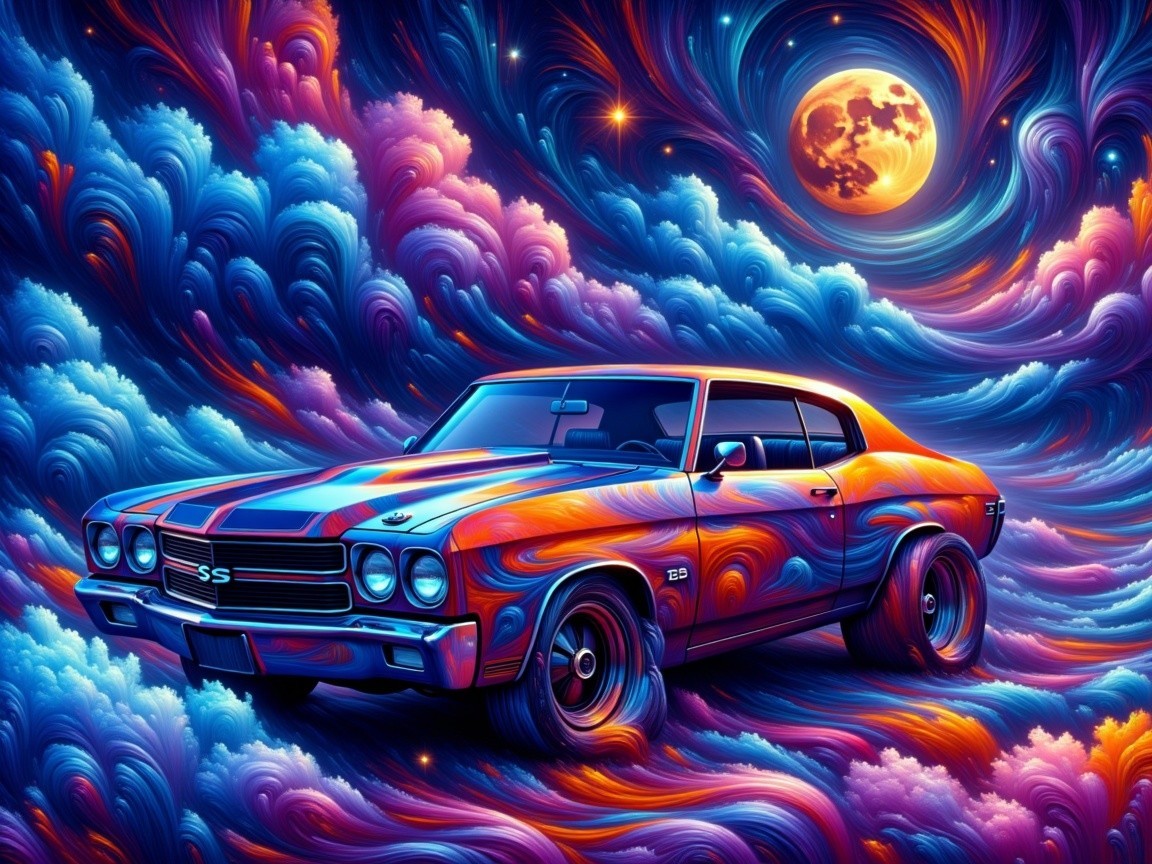 Psychedelic Chevrolet Chevelle SS with Colorful Clouds