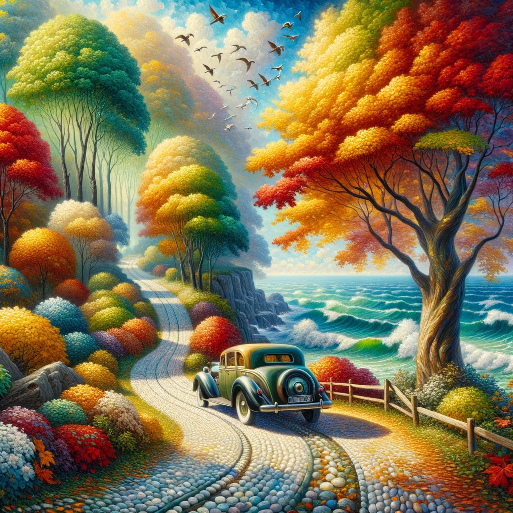 Vintage Car on Winding Road Amid Autumn Landscape