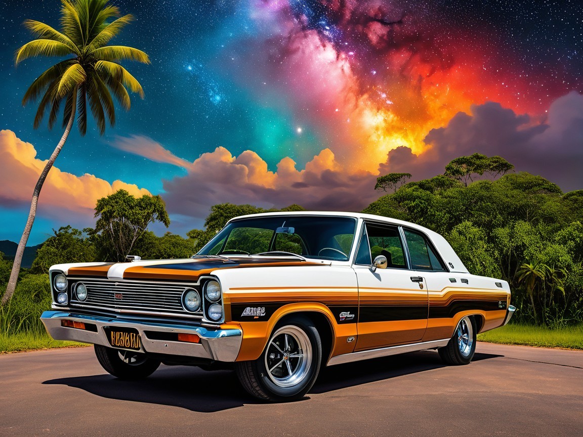 1960s Classic Car Under Cosmic Sky and Palm Tree