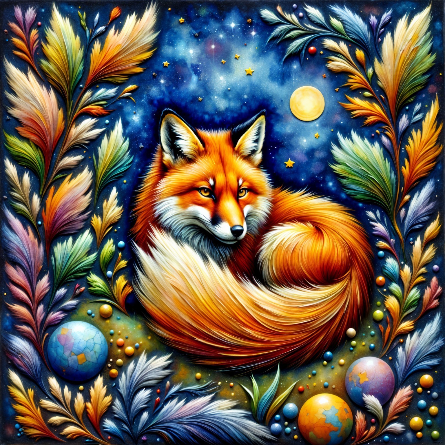 Vibrant Fox in Ornate Frame with Colorful Foliage