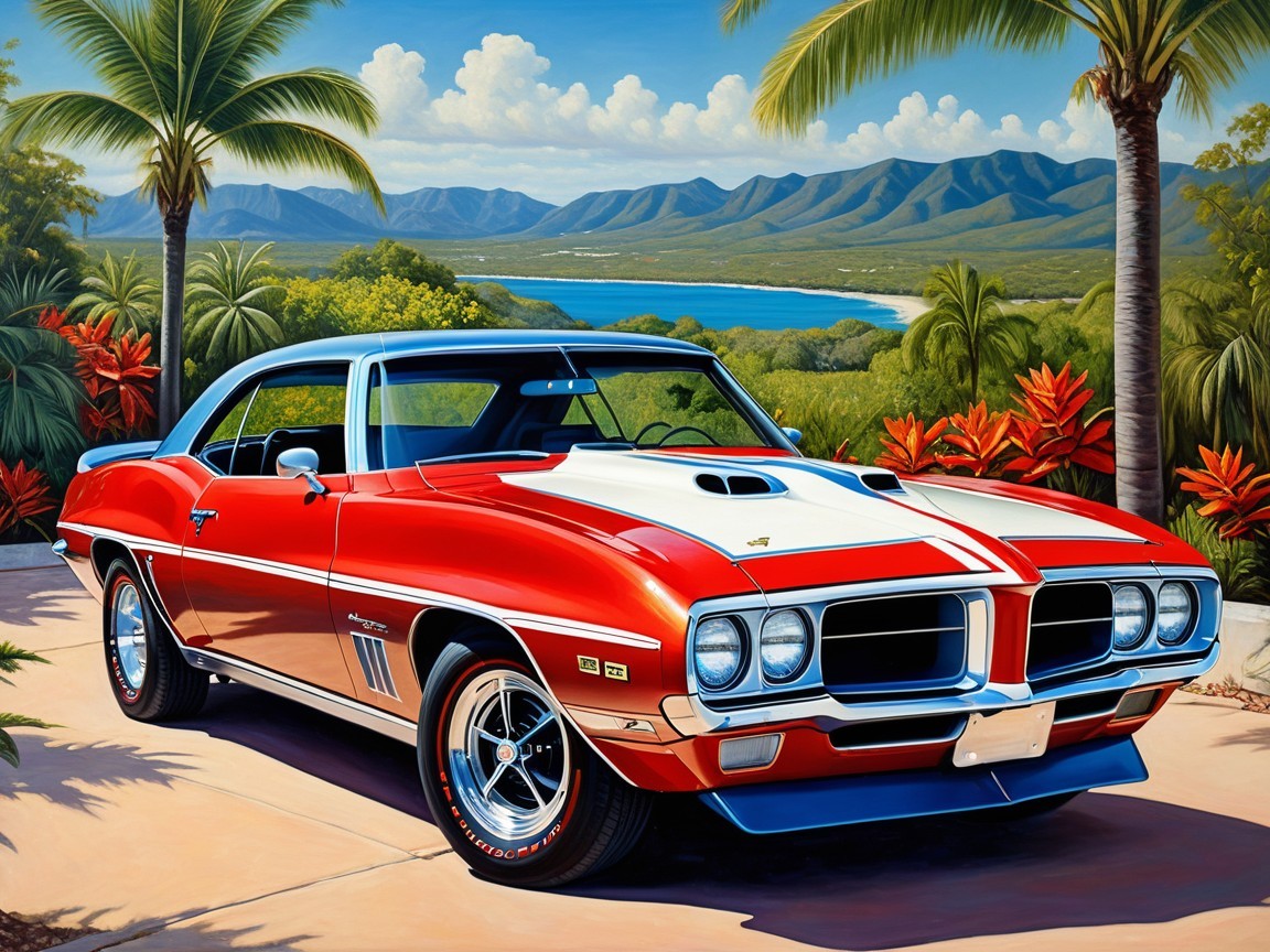 1970s Muscle Car in Tropical Landscape with Mountains