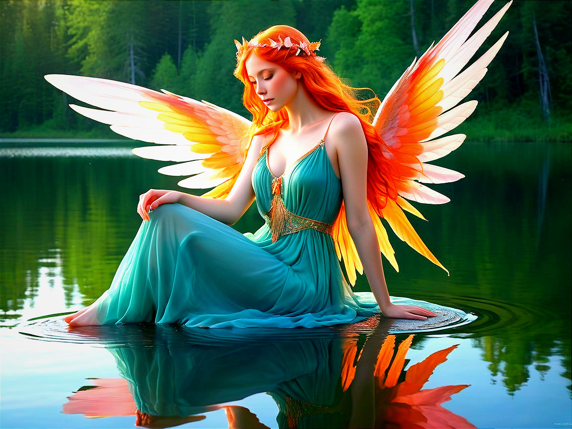 Ginger Fairy with Vibrant Wings on Calm Water Surface