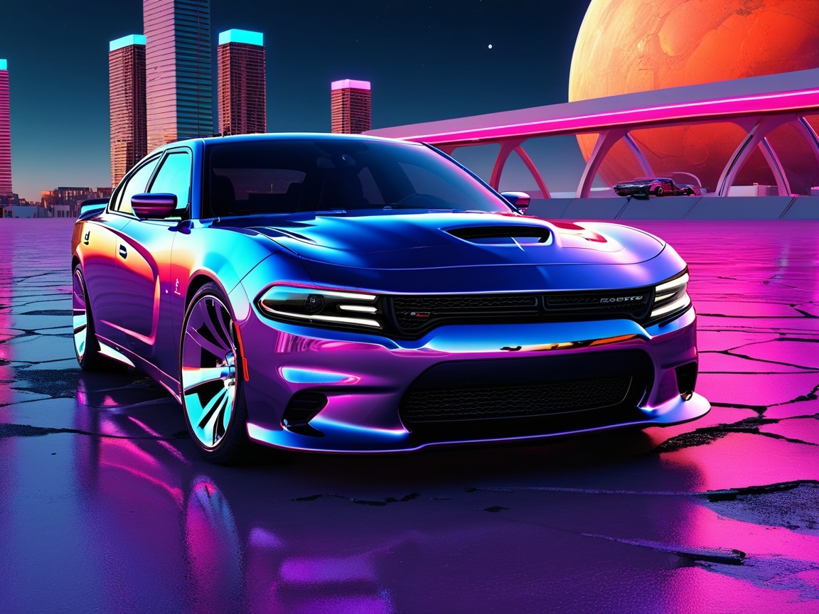 Futuristic Muscle Car in Neon Landscape with Skyscrapers