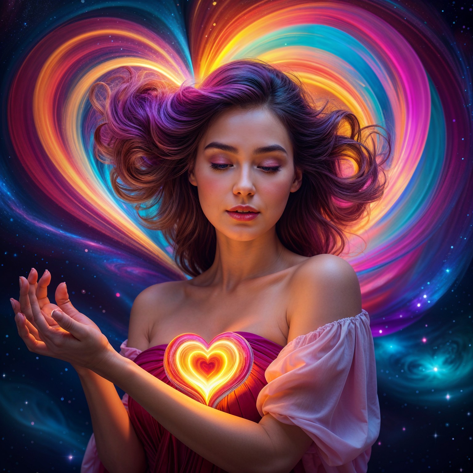Serene Woman Cradling Glowing Heart in Cosmic Scene