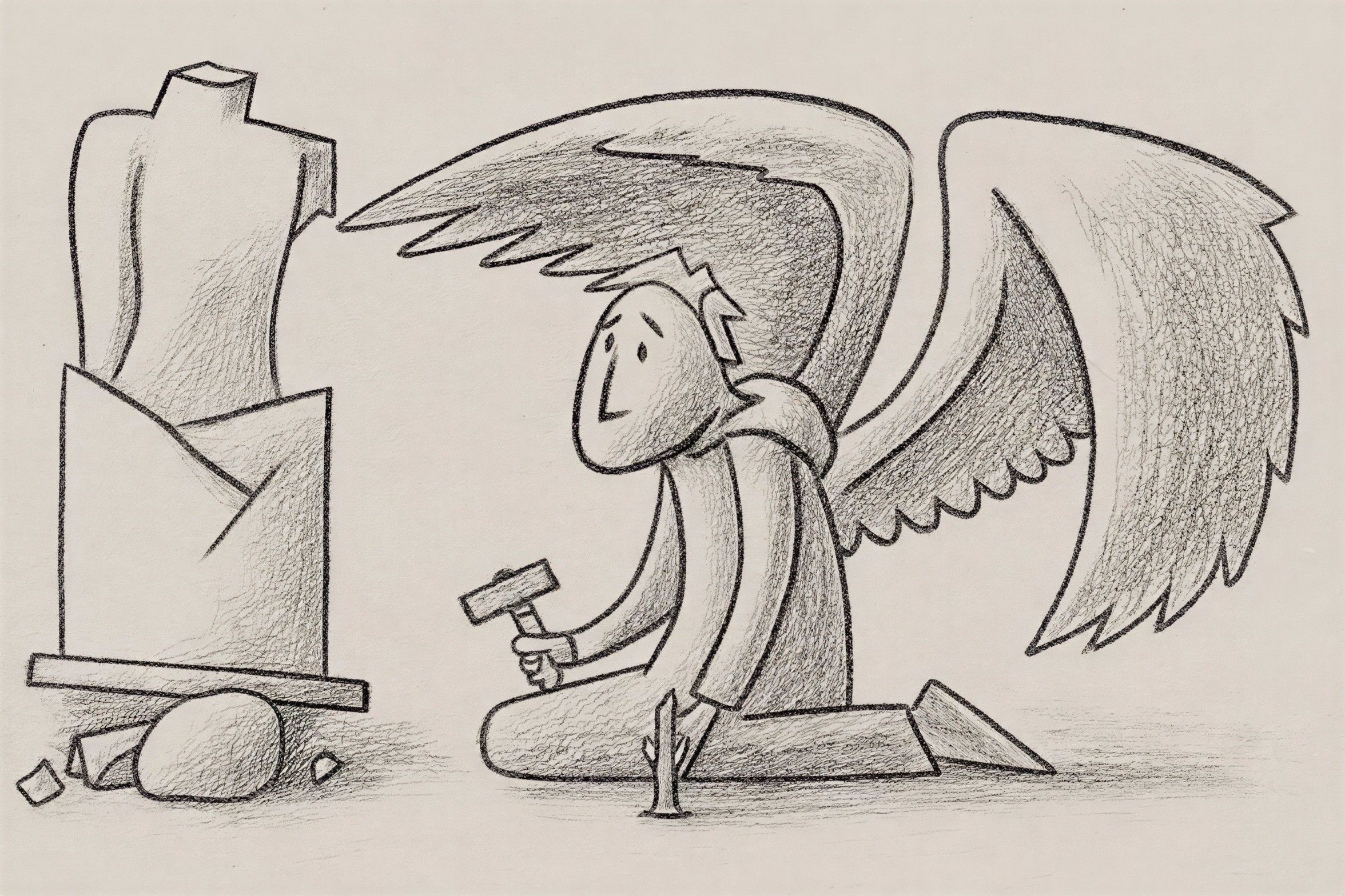 Pencil Sketch of a Winged Figure Carving a Torso