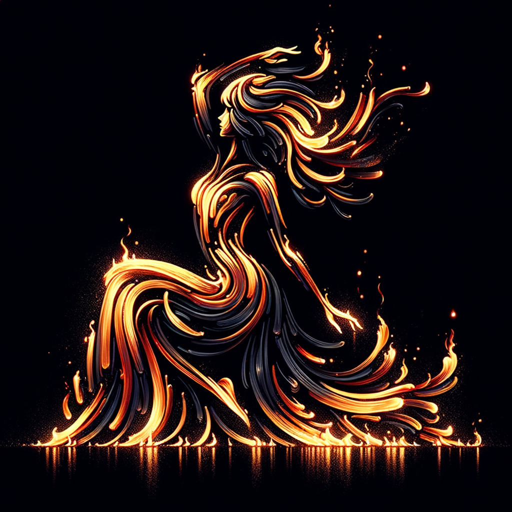 Flaming Dance of a Woman Against Black Background