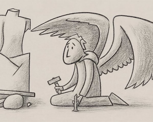 Pencil Sketch of a Winged Figure Carving a Torso