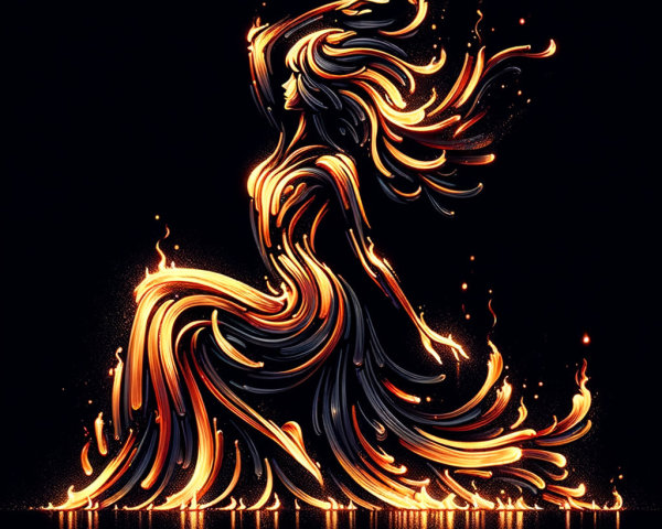 Flaming Dance of a Woman Against Black Background