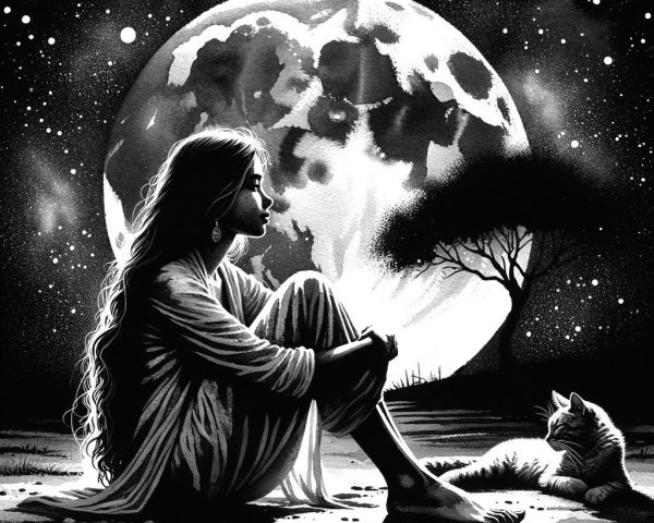Black-and-white illustration of a woman and cat at night