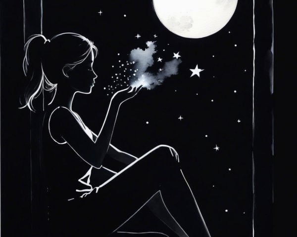 Silhouette of a girl by a window with a moon and stars