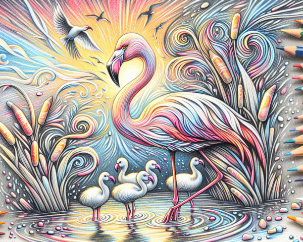 Vibrant Illustration of Flamingos with Colorful Patterns
