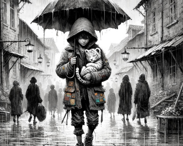 Young Boy with White Tiger in Rainy Village Scene