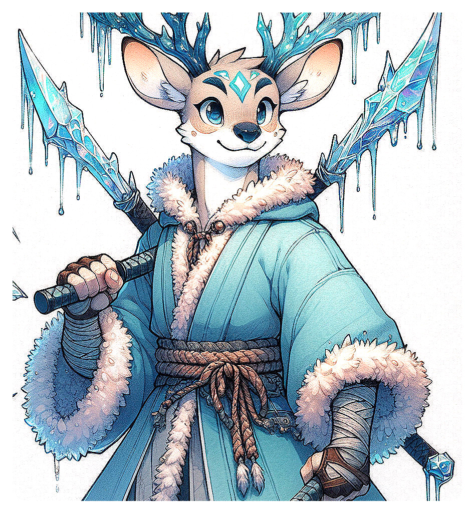 Stylized anthropomorphic deer character in winter attire