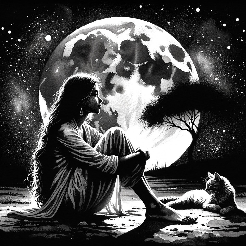 Black-and-white illustration of a woman and cat at night