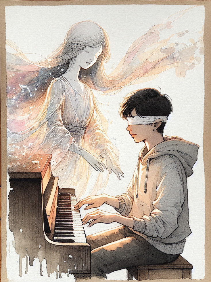 Blindfolded Pianist with Ethereal Muse in Soft Glow