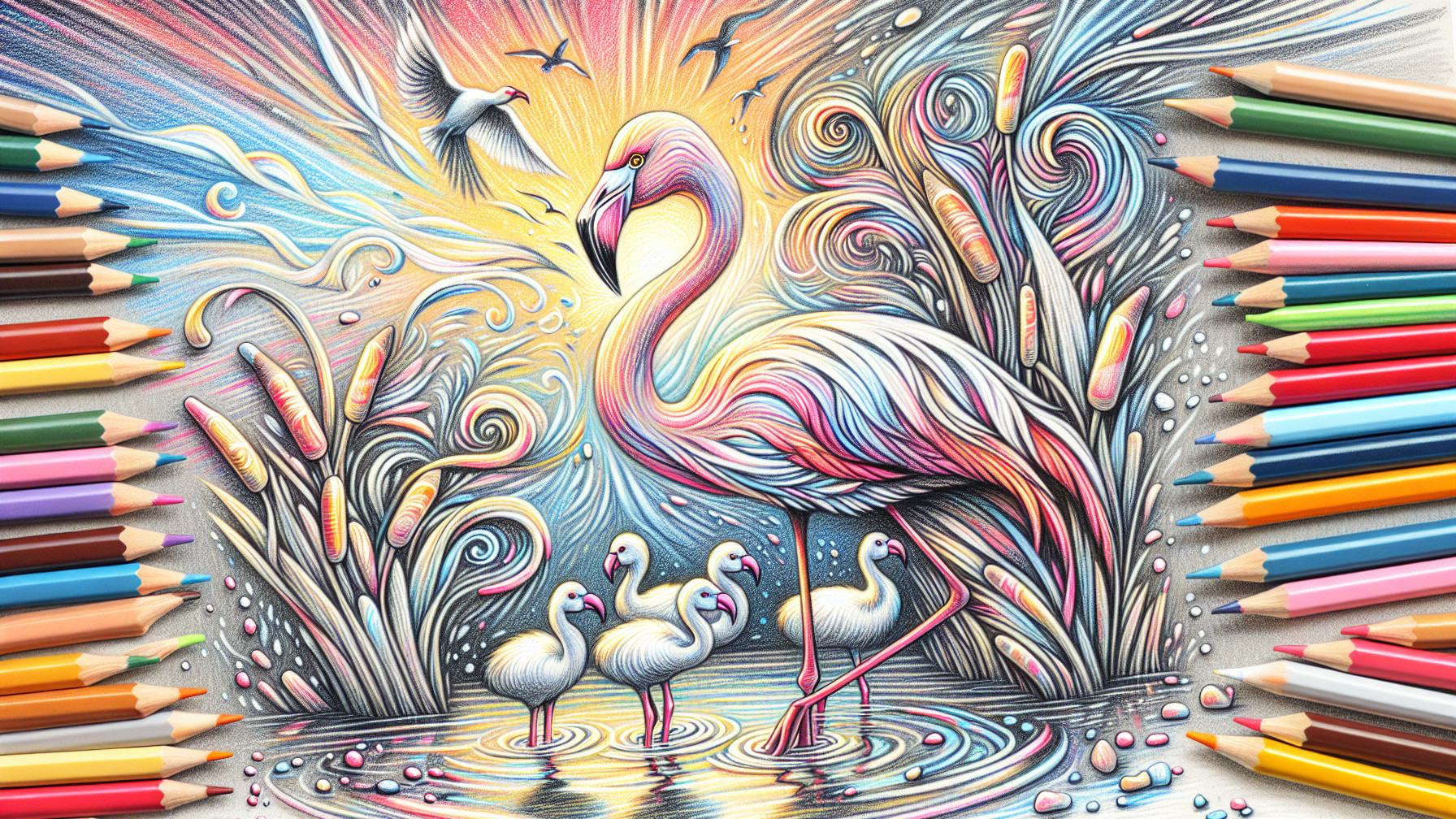 Vibrant Illustration of Flamingos with Colorful Patterns