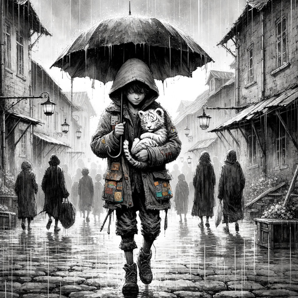 Young Boy with White Tiger in Rainy Village Scene