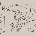 Pencil Sketch of a Winged Figure Carving a Torso