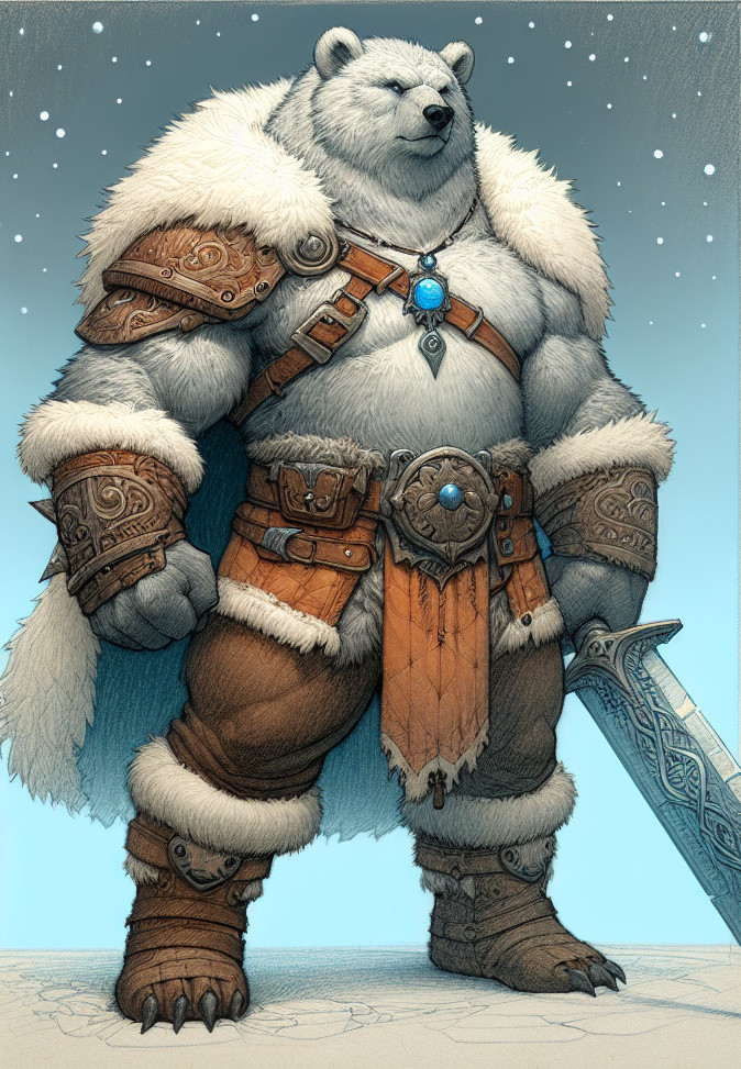 Warrior bear in ornate armor with sword and snow backdrop