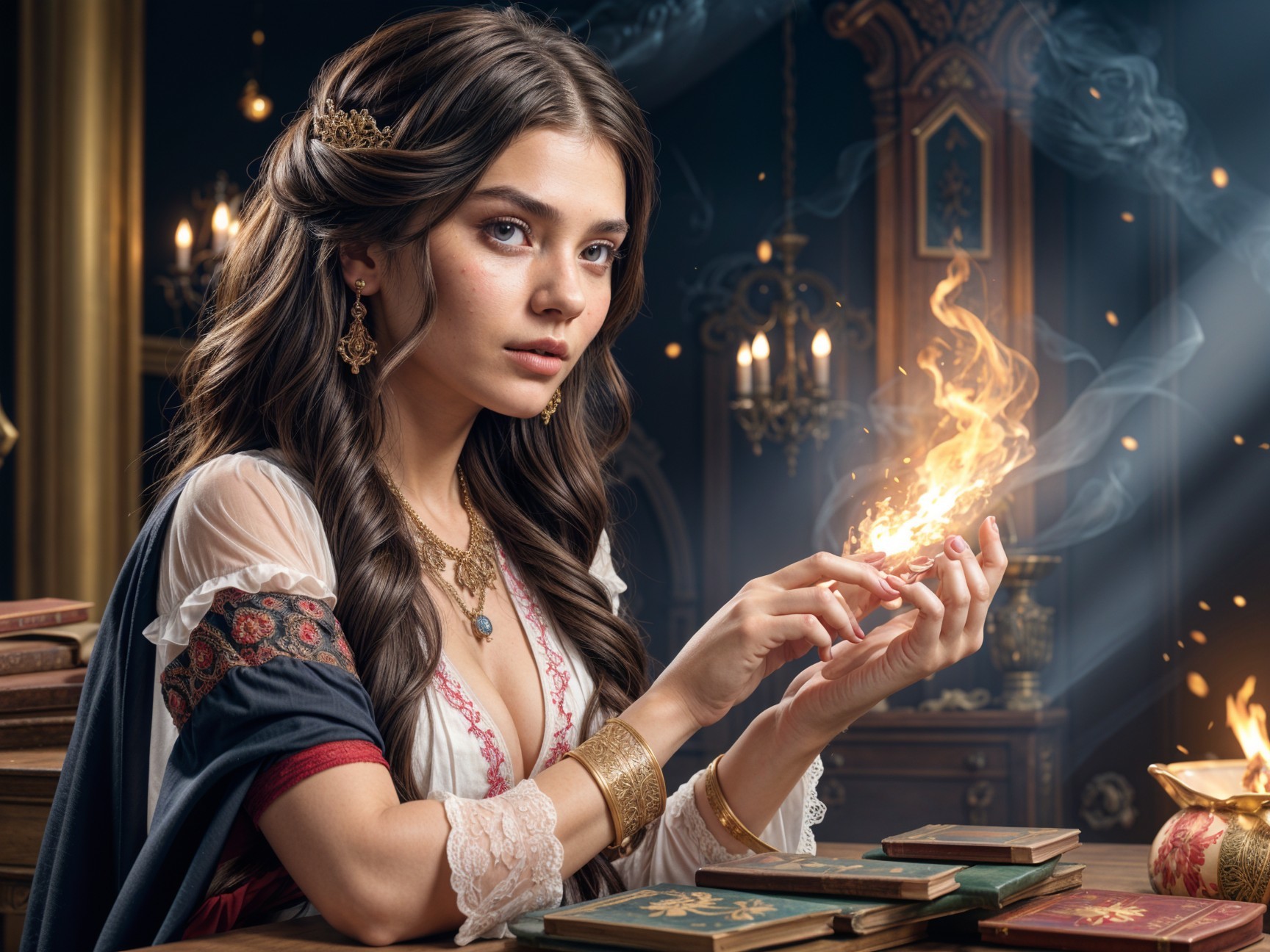 Mystical Woman with Flame at Ornate Wooden Table