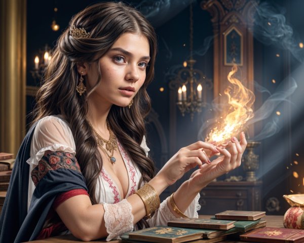 Mystical Woman with Flame at Ornate Wooden Table