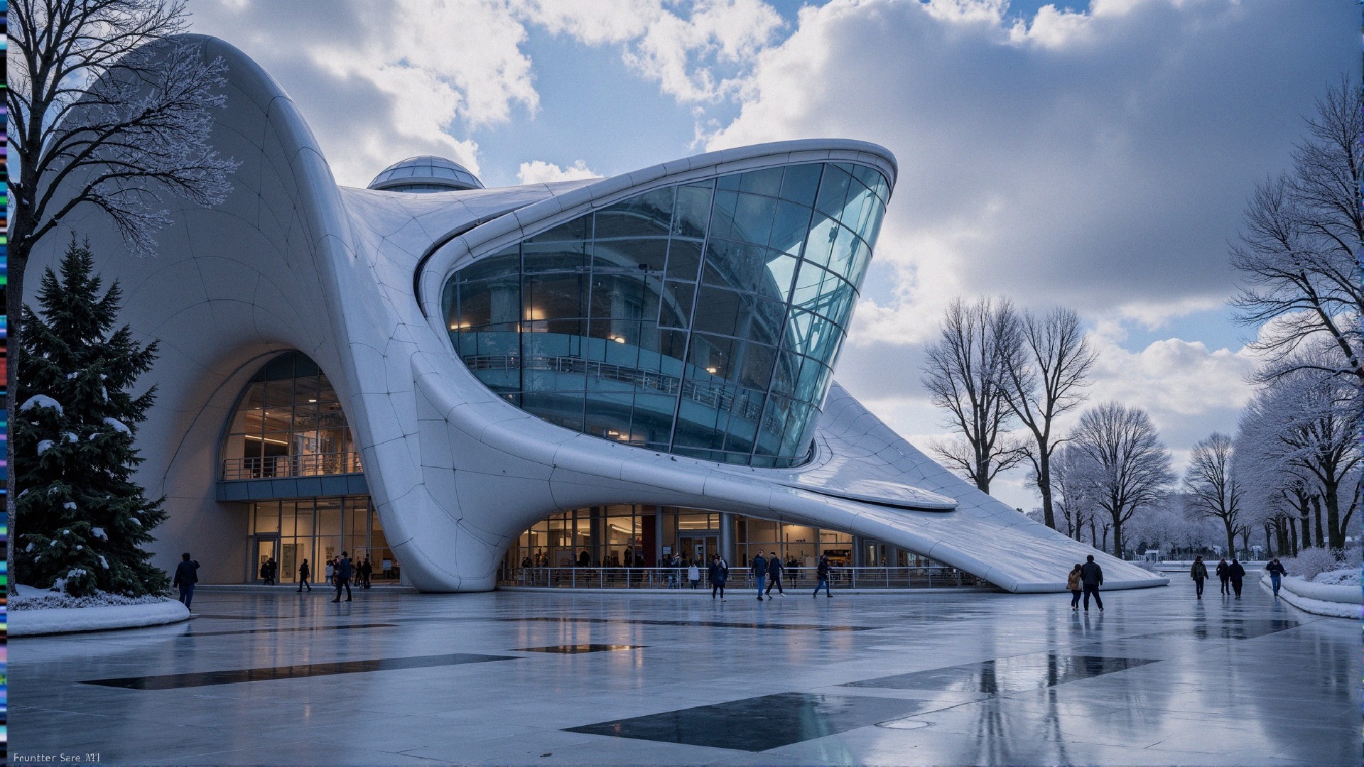Modern Futuristic Building Surrounded by Snowy Trees