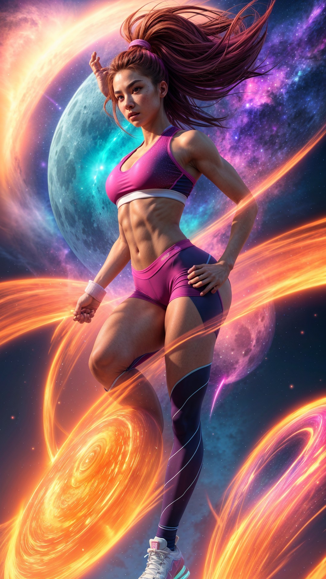 Female Athlete Mid-Leap in Cosmic Setting