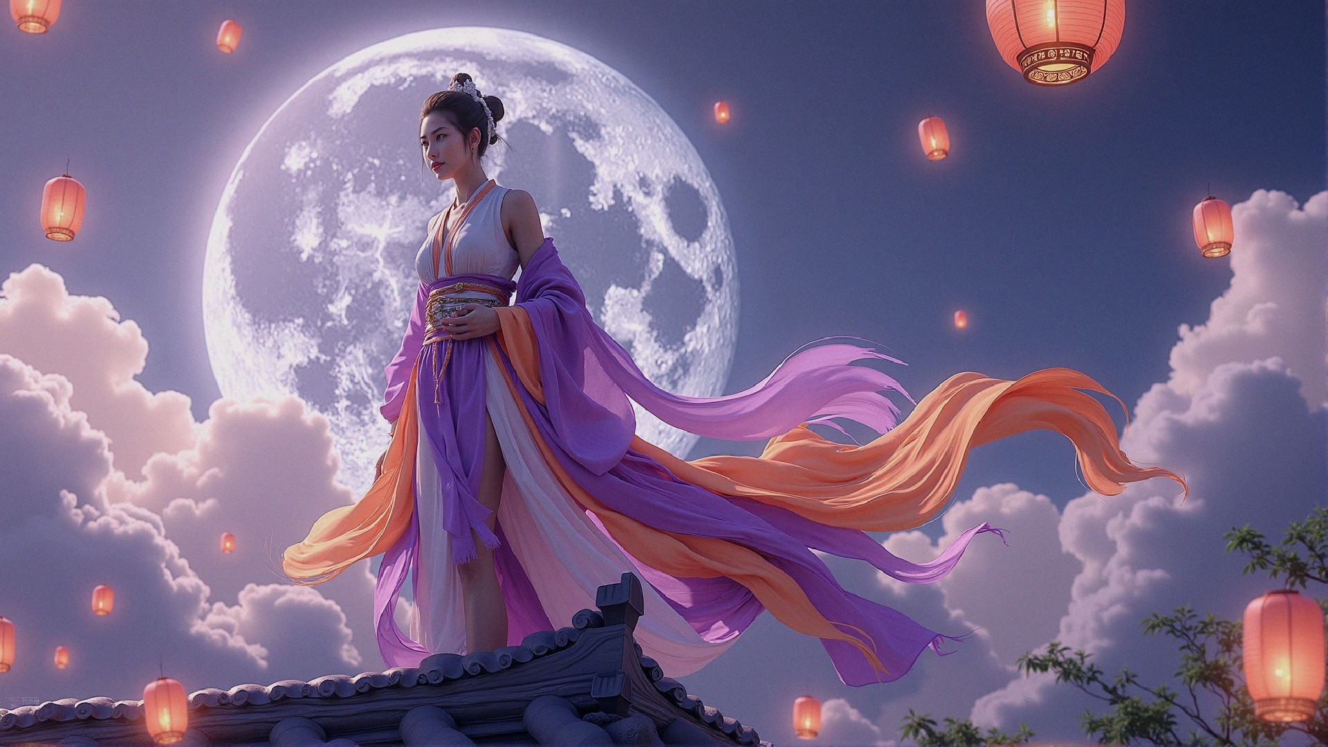 Serene Figure on Rooftop Under Full Moon and Lanterns