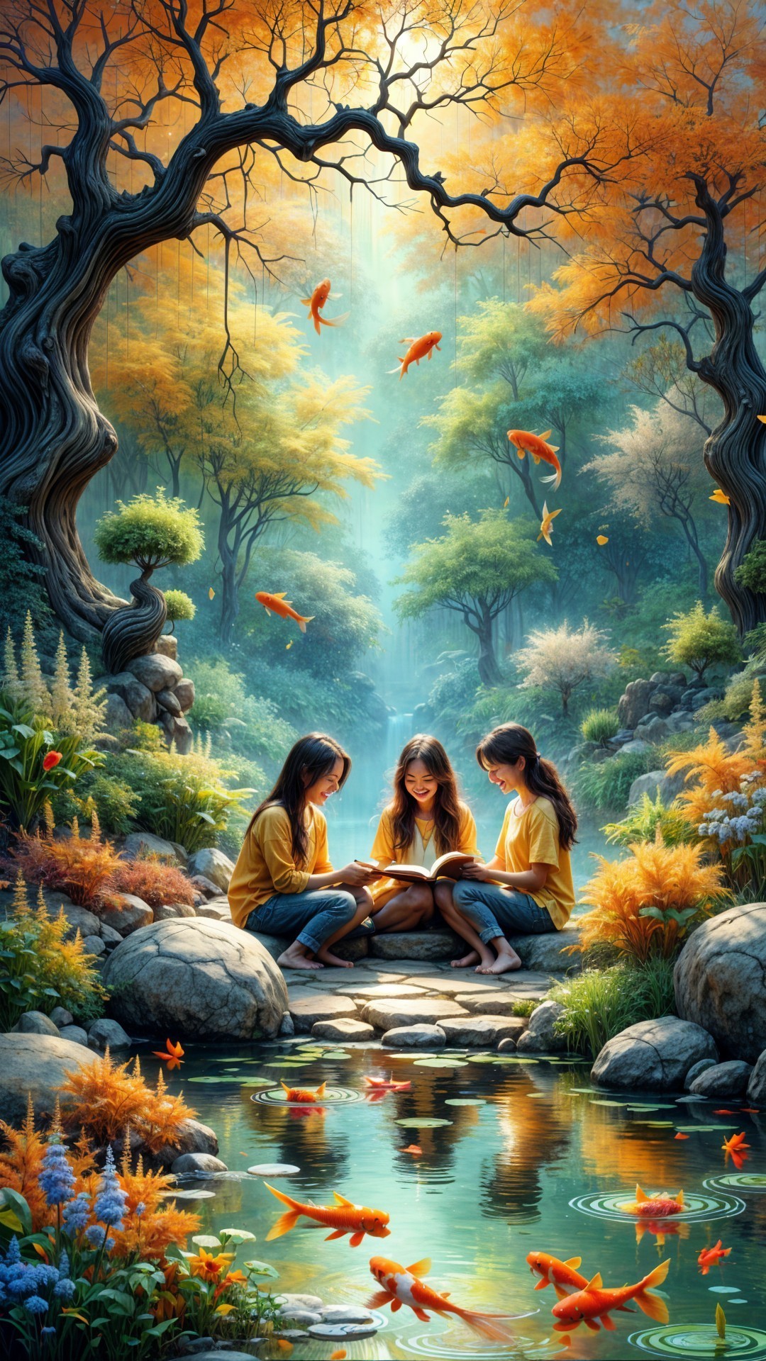 Three Girls Reading by a Tranquil Autumn Pond