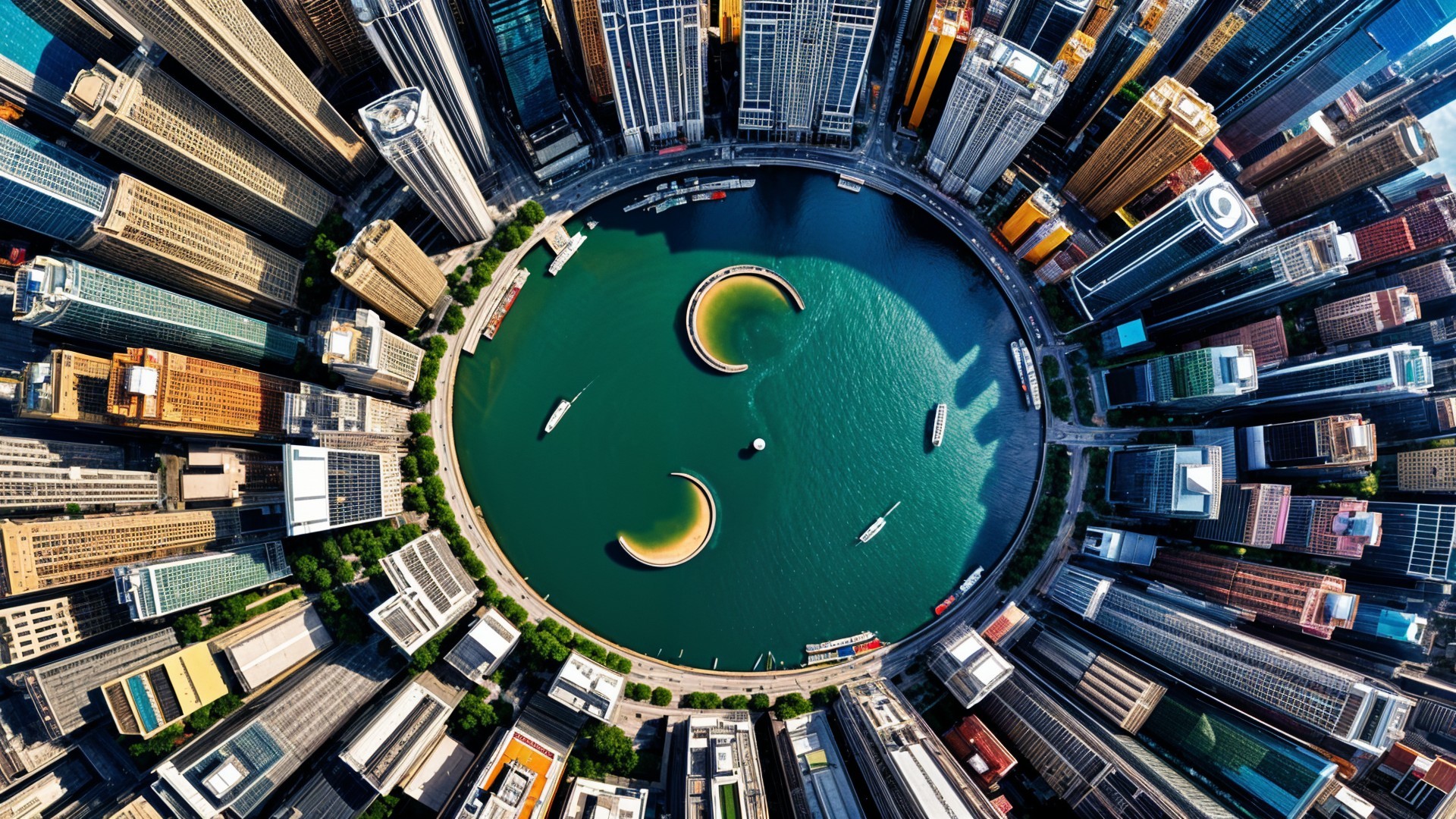Aerial View of Urban Landscape with Waterway and Skyscrapers
