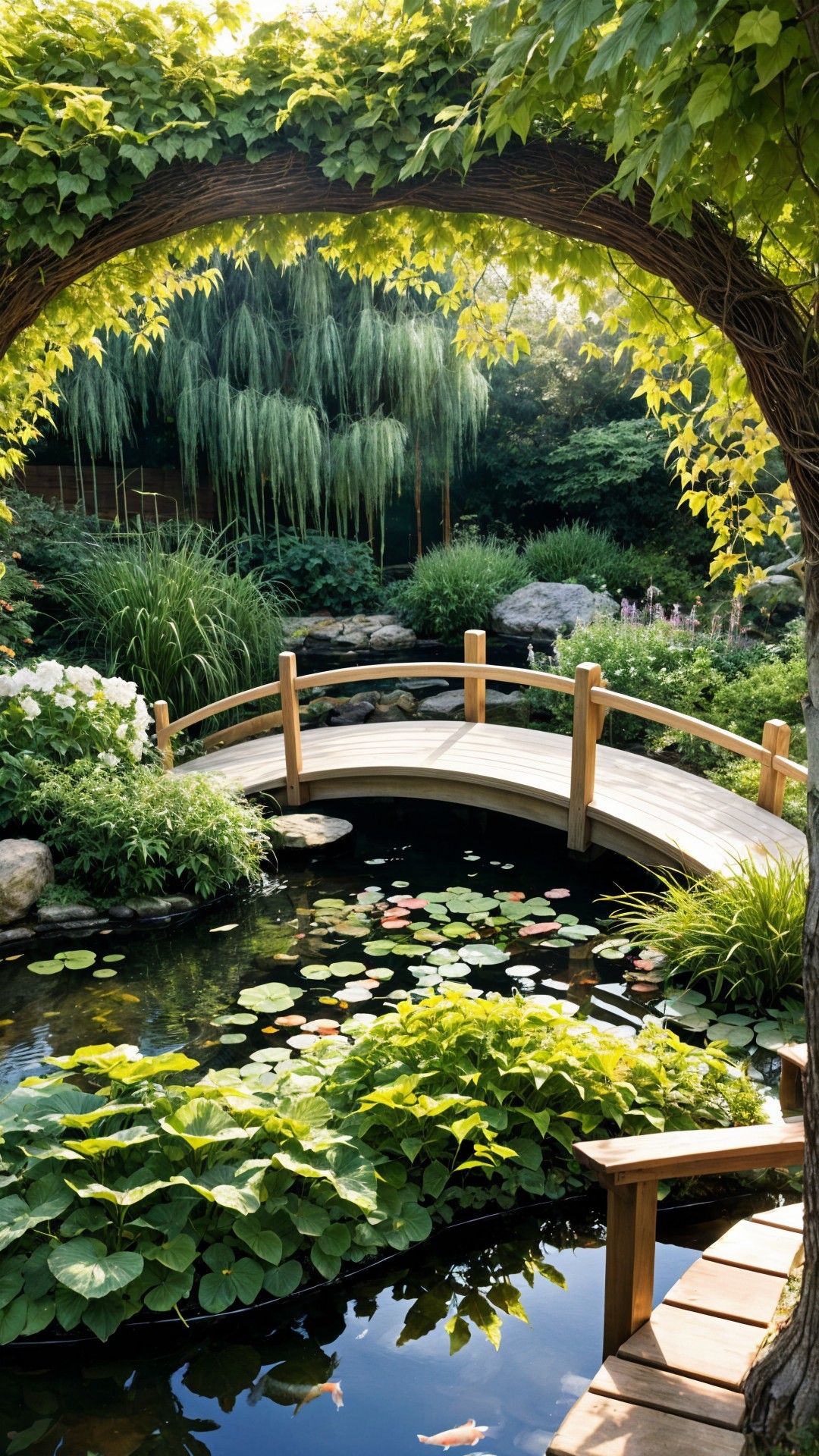 Serene Garden with Wooden Bridge Over Tranquil Pond