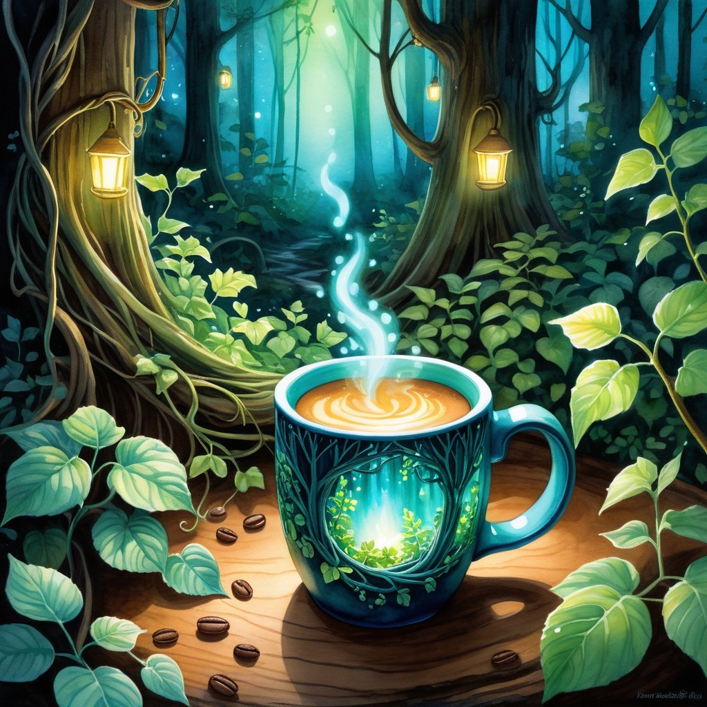 Ornate Coffee Mug in a Lush Forest Setting