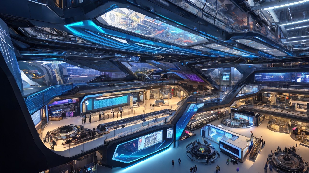 Futuristic Interior with Multi-Level Architecture and Neon Lights