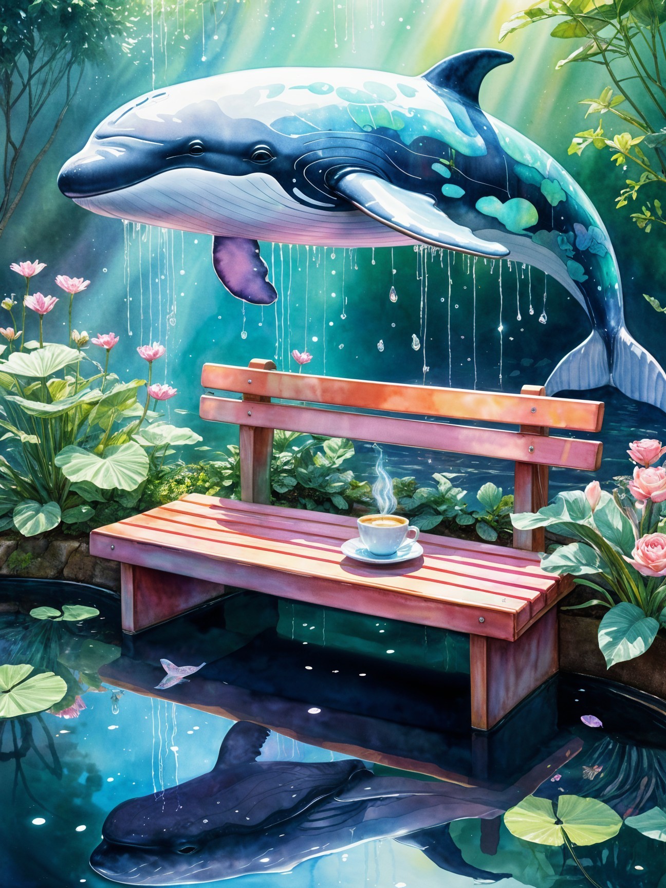 Whale Above Tranquil Pond with Water Lilies and Bench