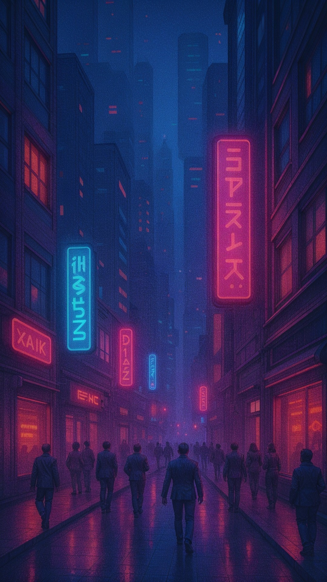 Futuristic cityscape with neon-lit dark alleyway