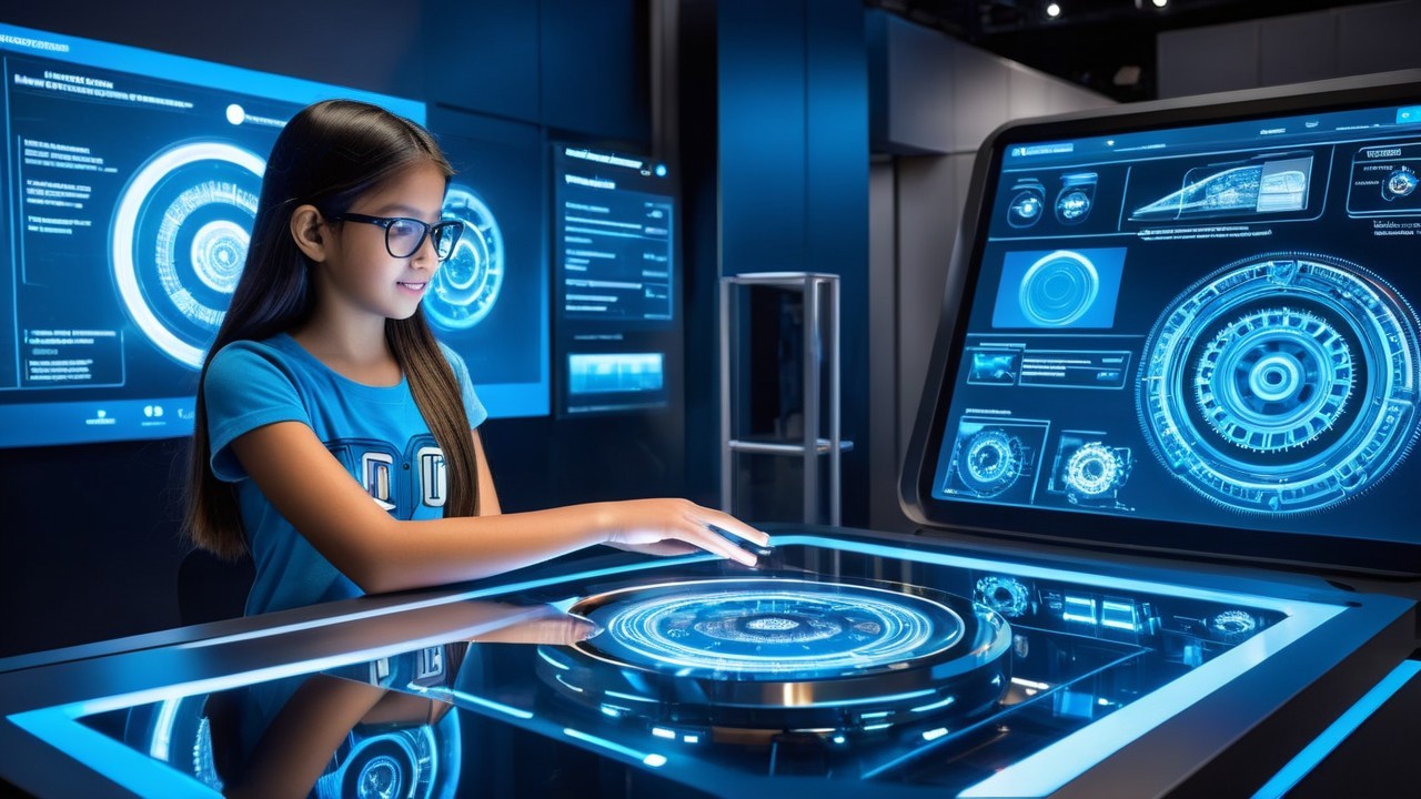 Young girl using futuristic touchscreen in high-tech setting