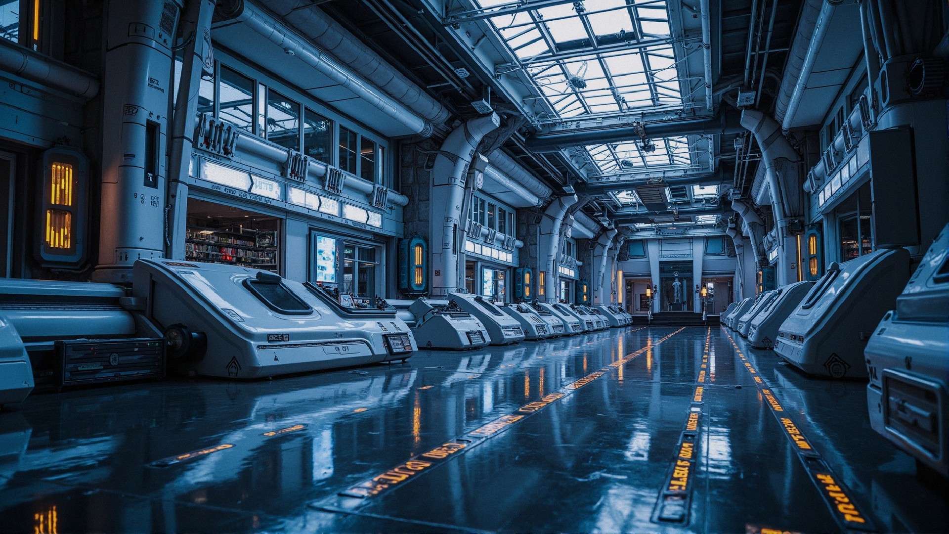 Futuristic industrial corridor with metallic pods and lighting