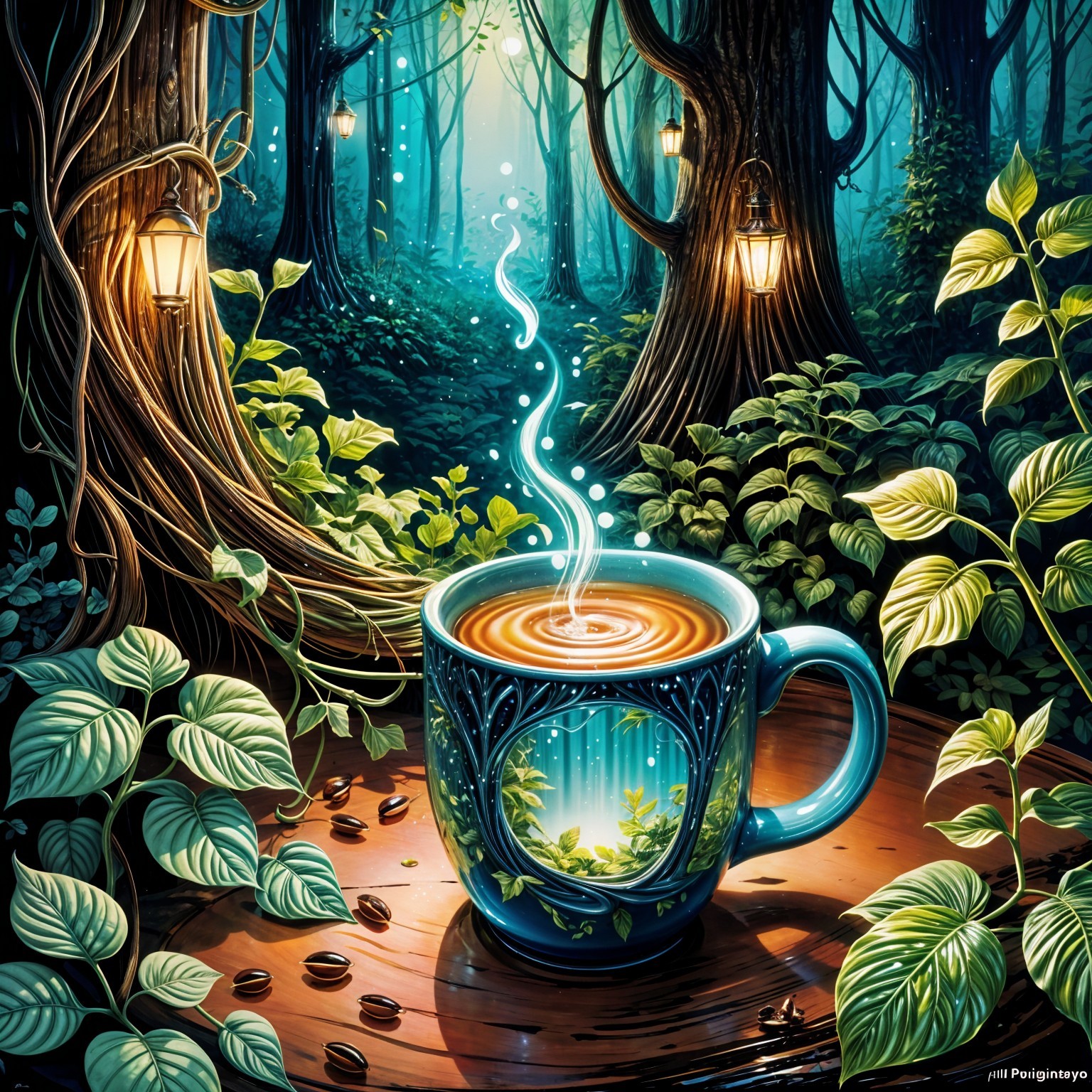 Vibrant Blue Cup with Coffee in Enchanted Forest Setting