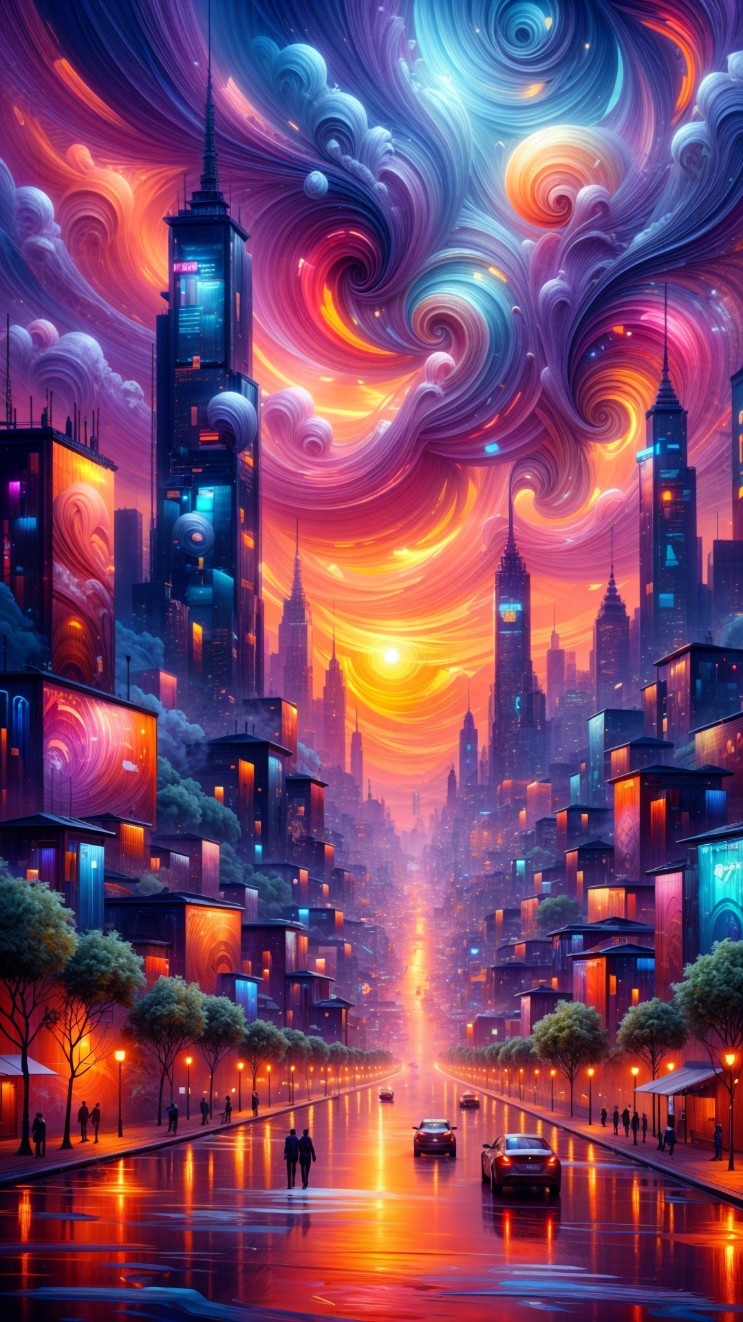 Twilight Cityscape with Illuminated Skyscrapers