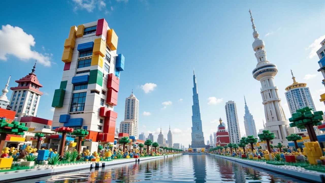 Colorful LEGO Cityscape with Canal and Skyscrapers