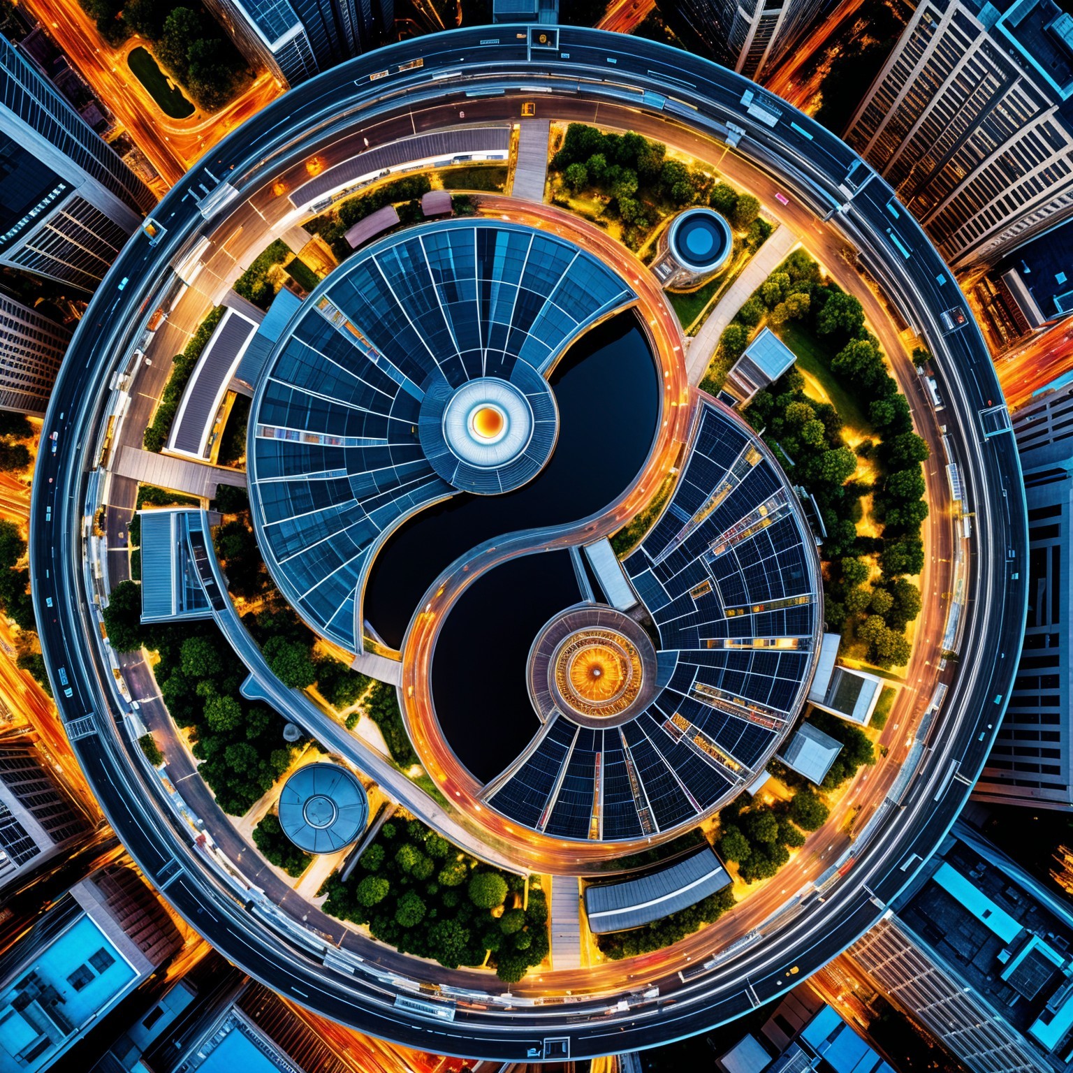 Aerial View of Circular Urban Complex with Yin-Yang Design