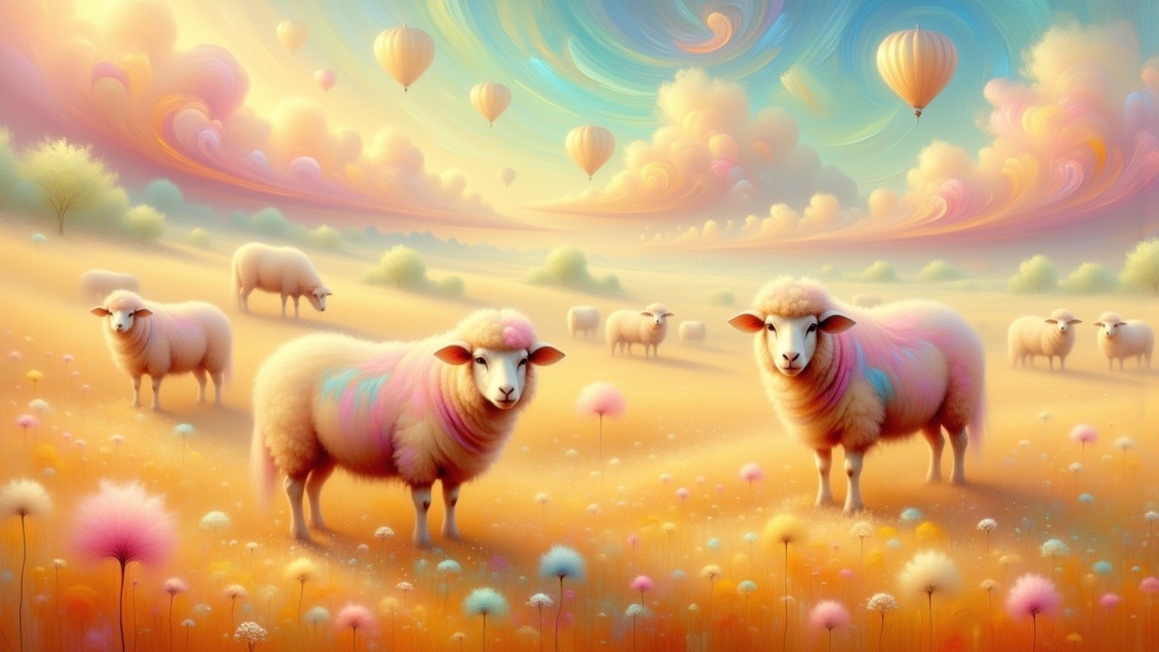 Whimsical Landscape with Sheep and Hot Air Balloons