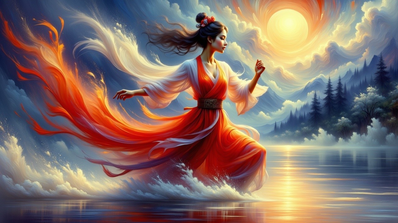 Woman in Red Dress Wading Through Shimmering Water