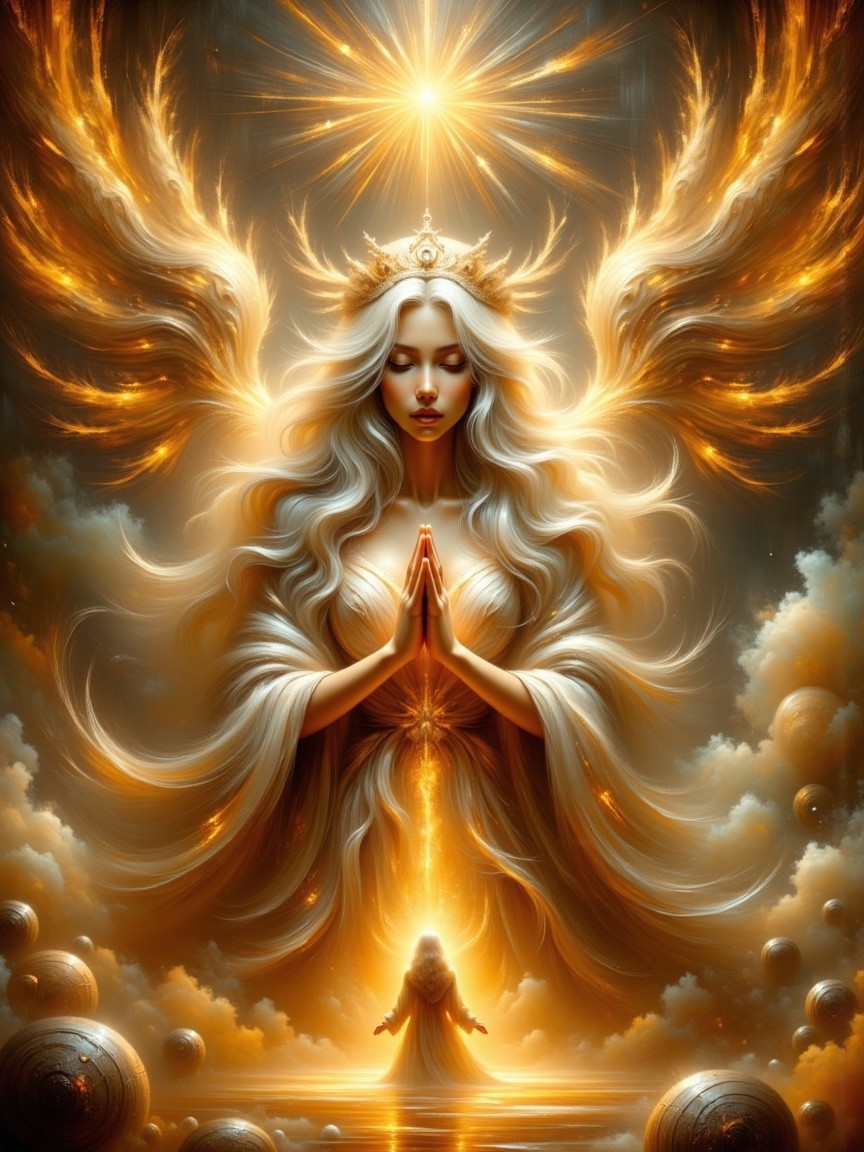 Majestic figure in a golden landscape with wings